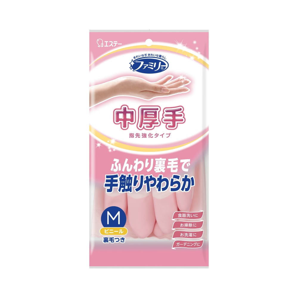 エステー 純正品 ファミリー ビニール中厚手 指先強化 M ピンク 4901070712113【単品販売。ケース販売ではございません。】