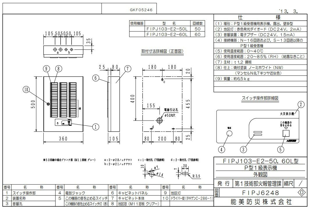 FIPJ103-E2-50L 能美防災 表示機 P型1級 50回線 壁掛型
