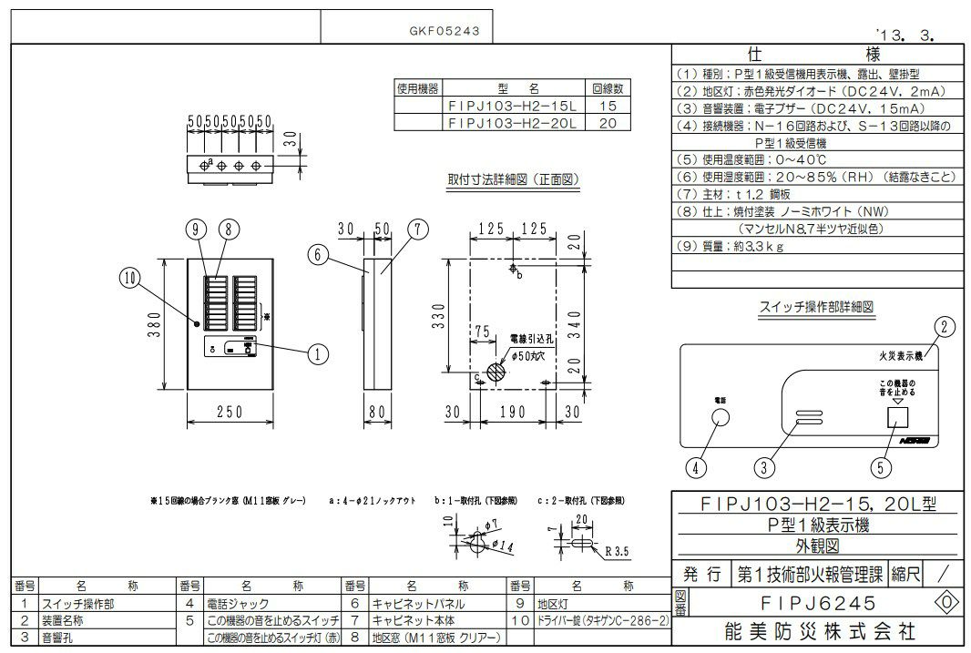 FIPJ103-H2-20L 能美防災 表示機 P型1級 20回線 壁掛型