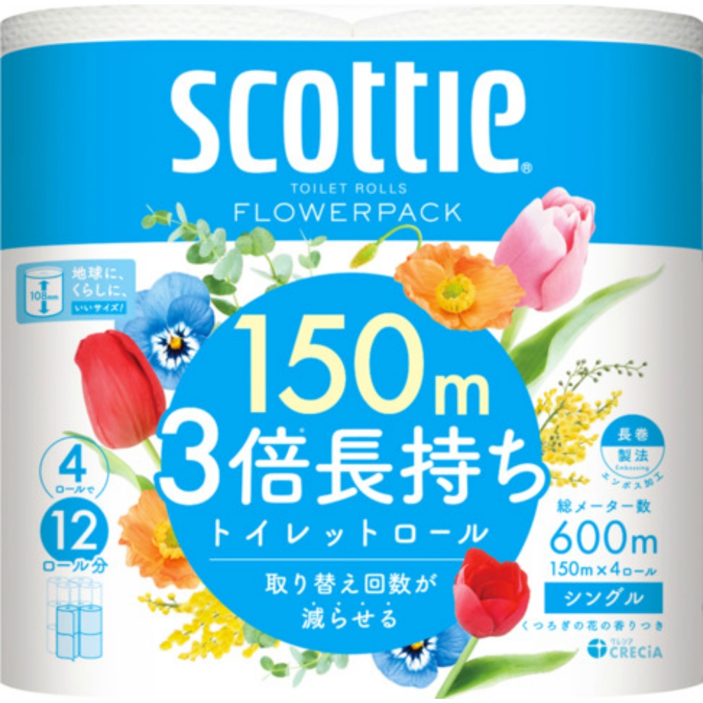 日本製紙クレシア 純正品 スコッティ フラワーパック 3倍長持ち4ロール (シングル) 4901750140045【単品販売。ケース販売ではございません。】