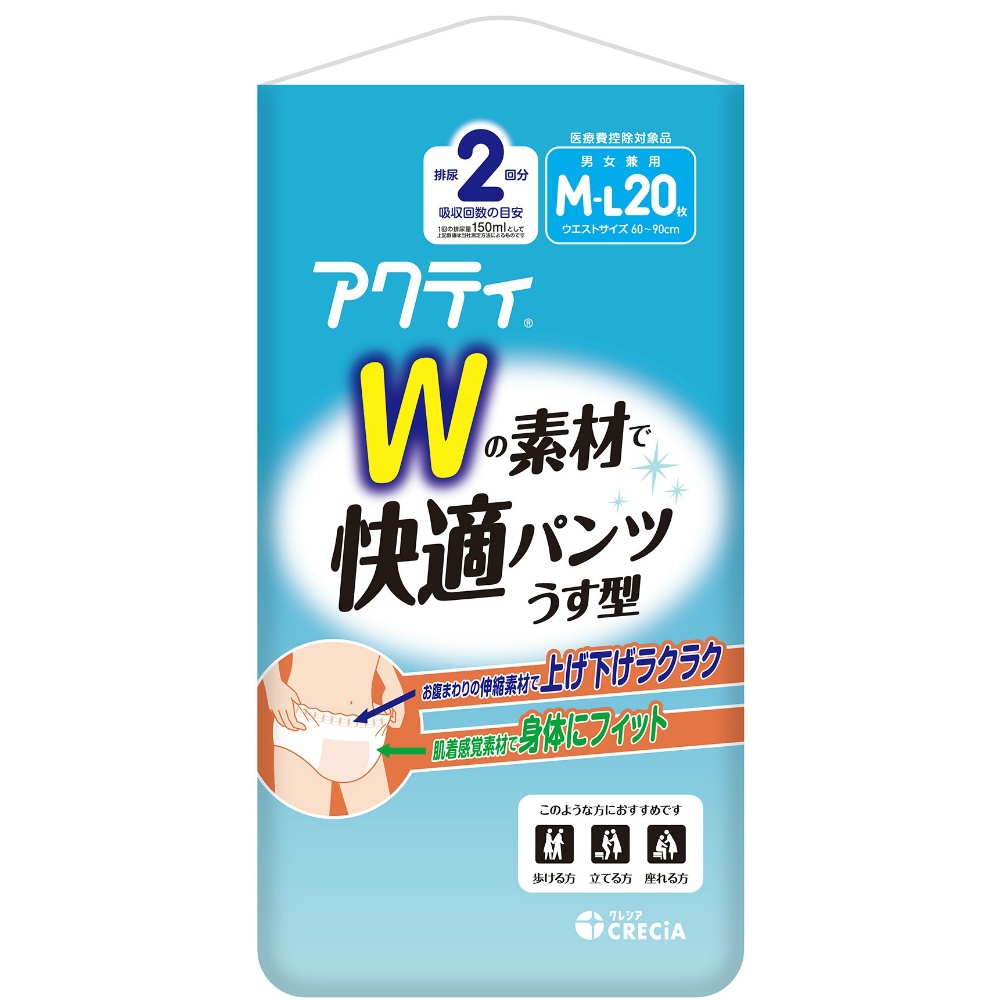 日本製紙クレシア 純正品 アクティ Wの素材で快適パンツ うす型 M-Lサイズ 4901750890674【単品販売。ケース販売ではございません。】
