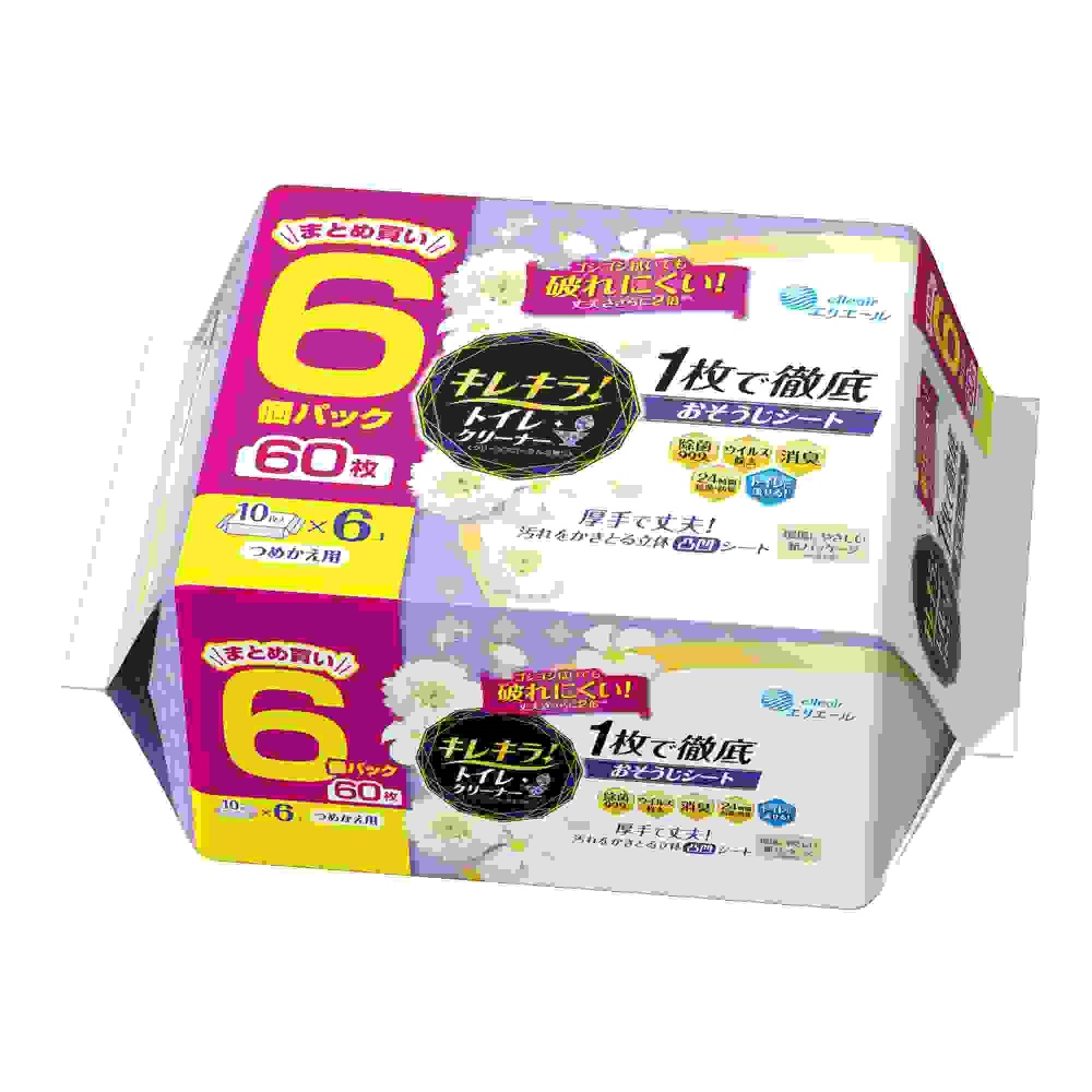 大王製紙 純正品 キレキラ!トイレクリーナー 1枚で徹底おそうじシート クリーンフローラルつめかえ用60枚(10枚×6P) 4902011106831【単品販売。ケース販売ではございません。】